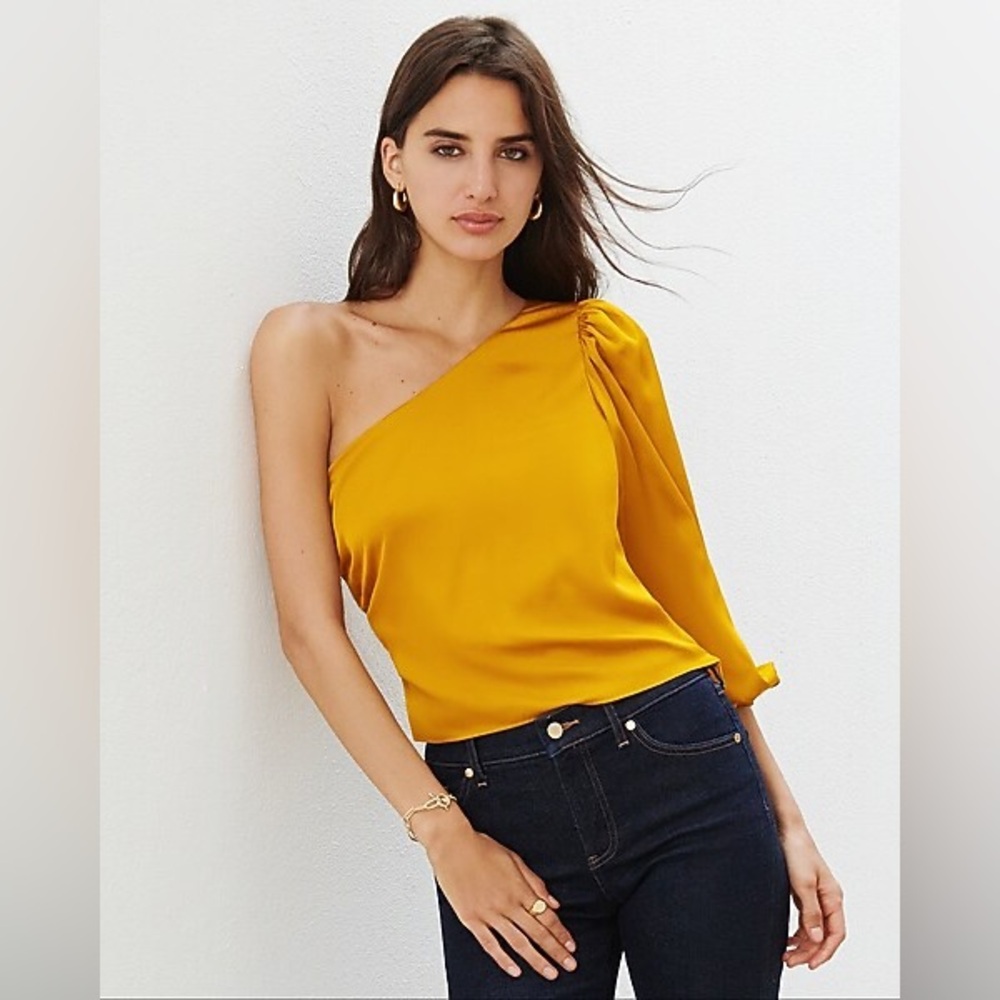 Satin One-Shoulder Puff Sleeve Gold Top